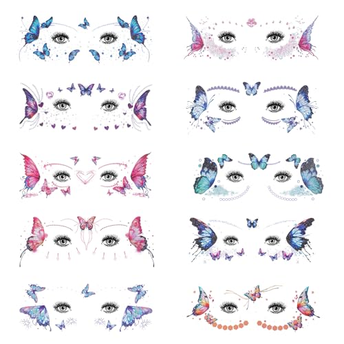 Heclia Glitzerndes Feen-Make-up-Tattoo-Set glitzernde Schmetterlings-Transfer-Tattoo-Aufkleber 20 Blätter bunte Gesichtsaccessoires für Frauen temporärer Schmetterlings-Augenaufkleber für Halloween Heclia Glitzerndes Feen-Make-up-Tattoo-Set glitzernde Schmetterlings-Transfer-Tattoo-Aufkleber 20 Blätter bunte Gesichtsaccessoires für Frauen temporärer Schmetterlings-Augenaufkleber für Halloween von Heclia