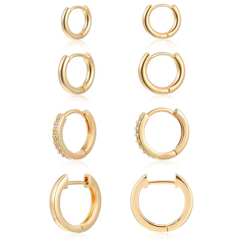 Heclia 4 Paare Creolen Gold Damen Vergoldete Mini Huggie Ohrringe Hypoallergen Titan Leichter Schmuck Set für Frauen und Mädchen Trendige Ohrringe Creolen Gold Hochwertiger Modeschmuck Geschenk von Heclia