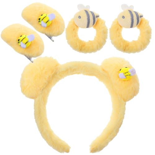 Heclia Haarreif mit gelben Bärenohren, Honigbienenen-Haarband mit Haargummis und Haarspangen, 5 Stück, niedlich, flauschig, Bienen-Ohren, Kopfschmuck für Halloween, Party, Hautpflege, Spa, Make-up von Heclia