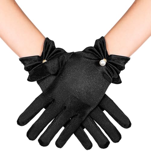 Heclia Schwarz Kurze Satin Handschuhe Damen Elegant Brauthandschuhe Blumenhandgelenk Spitzenhandschuhe Höflichkeits Sommer Hochzeits Oper Dinner Handschuhe für Abendkleid Teeparty 1920er Jahre Flapper von Heclia
