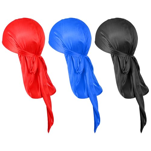 Heclia Seide Männer Durag 3er Pack Weiche Durags mit langem Schwanz und breitem Riemen für Männer Frauen 360 Wellen Hautfreundlich und Bequem für Sport Freizeit Nachtpflege Polyester Turban Beanie von Heclia