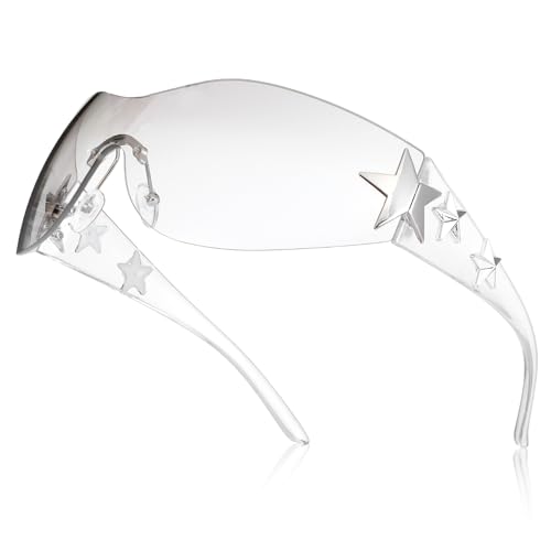 Heclia Y2K Sonnenbrille für Damen und Herren, trendige Sonnenbrille, große randlose Stern-Sonnenbrille für Fahren, Einkaufen, Radfahren, 2000er Jahre, übergroß, modisch, coole Schirme, durchsichtig von Heclia