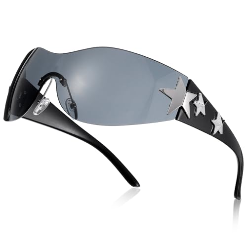 Heclia Y2K Sonnenbrille für Damen und Herren, trendige Sonnenbrille, große randlose Stern-Sonnenbrille für Fahren, Einkaufen, Radfahren, 2000er Jahre, übergroß, modisch, coole Schirme, Schwarz von Heclia