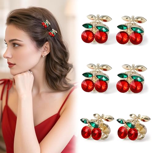 6 Stück Mini Cherry Haarklammern – Süße Kirsche Haarspangen für Mädchen & Damen – Kleine Obst Haarclips mit Strass für Zopf & Half-Up Frisuren – Claw Clips Kirschen Rot, Party, Weihnachtsgeschenke von HecticCore