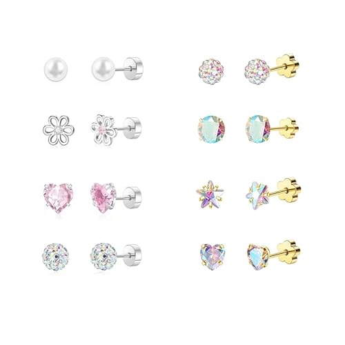 8 Paar Kinder Ohrringe Mädchen Silber & Gold Set – Hypoallergene Ohrstecker Herz Blume Stern Perle Flatback – Schraubverschluss Ohrringe für empfindliche Ohren – Ohrring-Sets für Damen und Mädchen von HecticCore