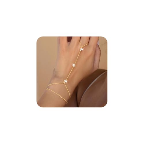 Handkette Gold Damen – Zartes Hand Chain Bracelet mit Ring verbunden,Verstellbares Armband mit Zirkonia Kristall,Accessoires Damen,Ästhetischer Streetwear Schmuck,Vierblatt Kleeblatt Armband Geschenk von HecticCore