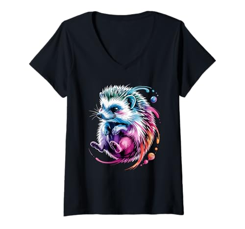 Damen Farbenfroher Igel-Poster-Stil, Farbspritzer, Kunstgrafik T-Shirt mit V-Ausschnitt Damen Farbenfroher Igel-Poster-Stil, Farbspritzer, Kunstgrafik T-Shirt mit V-Ausschnitt von Hedgehog Lover Apparel & Arts