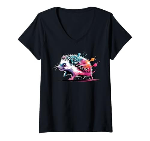 Damen Igel-Poster-Stil, Bunte Farbspritzer, Kunstgrafik T-Shirt mit V-Ausschnitt Damen Igel-Poster-Stil, Bunte Farbspritzer, Kunstgrafik T-Shirt mit V-Ausschnitt von Hedgehog Lover Apparel & Arts