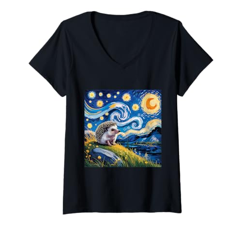Damen Igel Sternennacht Van Gogh niedliches stimmungsvolles Tier T-Shirt mit V-Ausschnitt Damen Igel Sternennacht Van Gogh niedliches stimmungsvolles Tier T-Shirt mit V-Ausschnitt von Hedgehog Starry Night Van Gogh