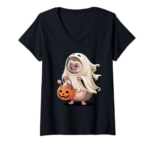 Damen Halloween Igel Geist Kürbis Süßes Süßigkeiten T-Shirt mit V-Ausschnitt Damen Halloween Igel Geist Kürbis Süßes Süßigkeiten T-Shirt mit V-Ausschnitt von Hedgehogs Hedgehog Lover Gifts