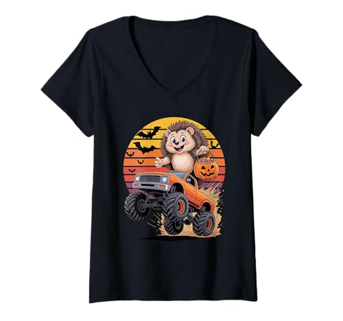 Damen Halloween Monstertruck Igel T-Shirt mit V-Ausschnitt Damen Halloween Monstertruck Igel T-Shirt mit V-Ausschnitt von Hedgehogs Hedgehog Lover Gifts