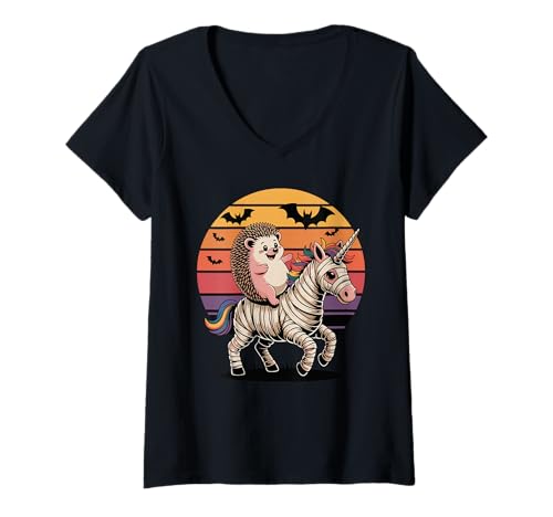 Damen Halloween Mumie Einhorn Igel T-Shirt mit V-Ausschnitt Damen Halloween Mumie Einhorn Igel T-Shirt mit V-Ausschnitt von Hedgehogs Hedgehog Lover Gifts