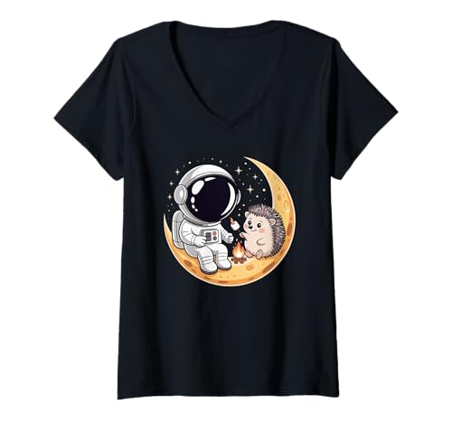 Damen Igel Astronaut Lagerfeuer Camping Mondsichel T-Shirt mit V-Ausschnitt Damen Igel Astronaut Lagerfeuer Camping Mondsichel T-Shirt mit V-Ausschnitt von Hedgehogs Hedgehog Lover Gifts