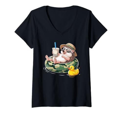 Damen Igel Boba Perle Milchtee T-Shirt mit V-Ausschnitt Damen Igel Boba Perle Milchtee T-Shirt mit V-Ausschnitt von Hedgehogs Hedgehog Lover Gifts
