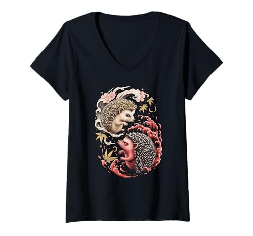 Damen Japanische Kunst Igel Gut Und Teuflische Igel T-Shirt mit V-Ausschnitt Damen Japanische Kunst Igel Gut Und Teuflische Igel T-Shirt mit V-Ausschnitt von Hedgehogs Hedgehog Lover Gifts