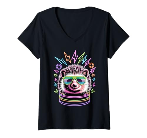 Damen Party Igel Sonnenbrille T-Shirt mit V-Ausschnitt Damen Party Igel Sonnenbrille T-Shirt mit V-Ausschnitt von Hedgehogs Hedgehog Lover Gifts