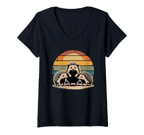 Damen Retro Sonnenuntergang Igel Silhouette T-Shirt mit V-Ausschnitt Damen Retro Sonnenuntergang Igel Silhouette T-Shirt mit V-Ausschnitt von Hedgehogs Hedgehog Lover Gifts