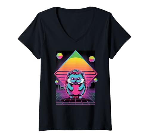 Damen Retro Synthwave Igel T-Shirt mit V-Ausschnitt Damen Retro Synthwave Igel T-Shirt mit V-Ausschnitt von Hedgehogs Hedgehog Lover Gifts
