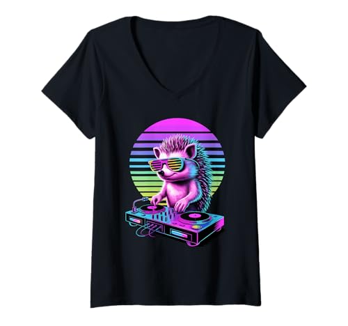 Damen Synthwave Igel DJ Sonnenbrille T-Shirt mit V-Ausschnitt Damen Synthwave Igel DJ Sonnenbrille T-Shirt mit V-Ausschnitt von Hedgehogs Hedgehog Lover Gifts