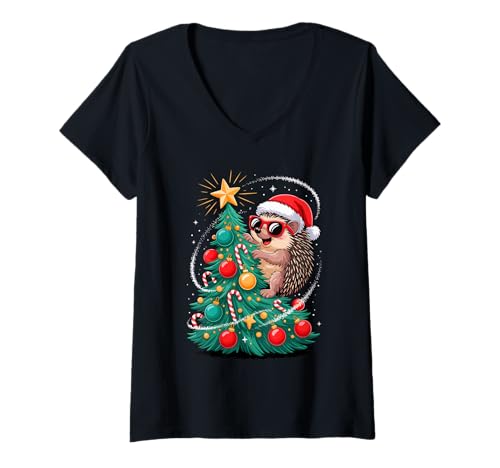 Damen Weihnachtsbaum Igel Sonnenbrille Igel T-Shirt mit V-Ausschnitt Damen Weihnachtsbaum Igel Sonnenbrille Igel T-Shirt mit V-Ausschnitt von Hedgehogs Hedgehog Lover Gifts