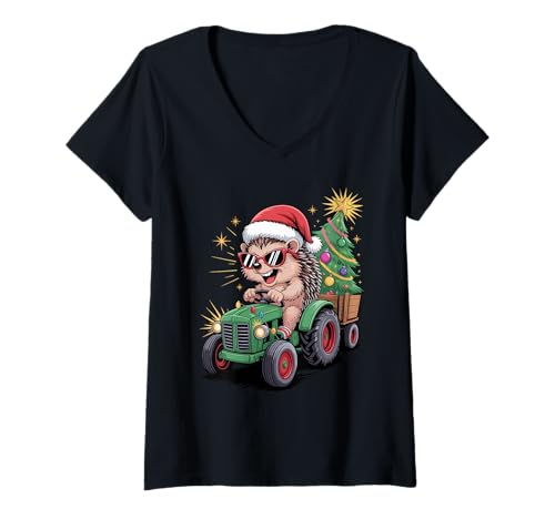 Damen Weihnachtsbaum Traktor Igel Sonnenbrille T-Shirt mit V-Ausschnitt Damen Weihnachtsbaum Traktor Igel Sonnenbrille T-Shirt mit V-Ausschnitt von Hedgehogs Hedgehog Lover Gifts
