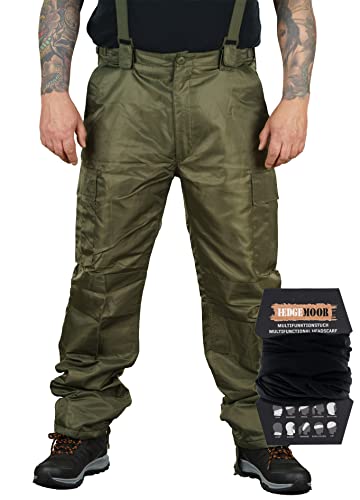 Herren Regenhose mit Hosenträgern Thermohose Schneehose Outdoor Hose inkl. MF Tuch, Oliv, Größe 6XL von Hedgemoor