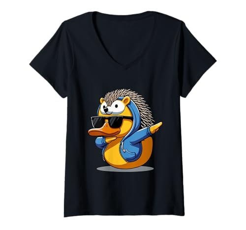 Damen Igel Gummiente T-Shirt mit V-Ausschnitt Damen Igel Gummiente T-Shirt mit V-Ausschnitt von Hedgie Duckling