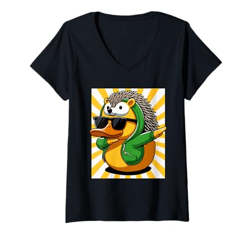 Damen Igel Gummiente T-Shirt mit V-Ausschnitt Damen Igel Gummiente T-Shirt mit V-Ausschnitt von Hedgie Duckling