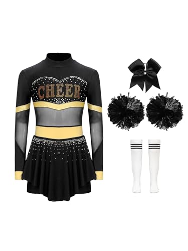 Hedmy 4Pcs Mädchen Cheerleadering Kostüm Tanzkleid Glitzer Langarm Minikleid mit Pompons Socken und Kopfschmuck Schwarzes B 170 von Hedmy