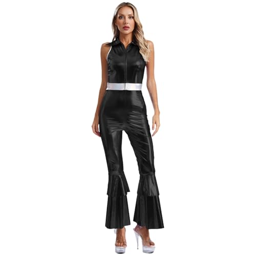 Hedmy 70er Jahre Retro Jumpsuit Damen Schlagerparty Outfit Bodysuit Fasching Karneval Kostüm Disco Party Tanz Outfit Schwarz M von Hedmy