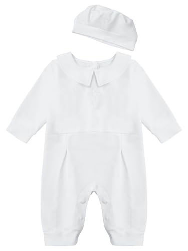 Hedmy Baby Jungen Taufe Strampler Weiß Langarm Overall Und Mütze Festlich Hochzeit Babyset Taufgeschenke Weiß 50-62 von Hedmy