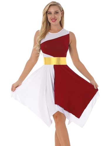 Hedmy Damen Ballettkleid Ärmelloses Tanzkleid Glänzend Metallic Eislaufkleid mit Asymmetrischem Rock Ballettanzug A Burgundy M von Hedmy