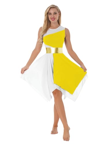 Hedmy Damen Ballettkleid Ärmelloses Tanzkleid Glänzend Metallic Eislaufkleid mit Asymmetrischem Rock Ballettanzug A Gelb&Weiss XXL von Hedmy