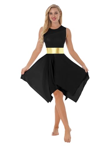 Hedmy Damen Ballettkleid Ärmelloses Tanzkleid Glänzend Metallic Eislaufkleid mit Asymmetrischem Rock Ballettanzug A Schwarz S von Hedmy