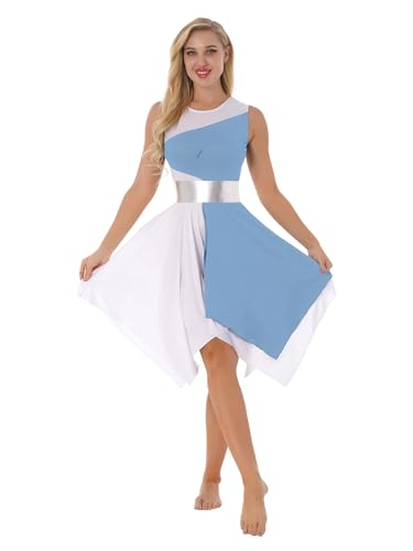 Hedmy Damen Ballettkleid Ärmelloses Tanzkleid Glänzend Metallic Eislaufkleid mit Asymmetrischem Rock Ballettanzug C Hellblau M von Hedmy