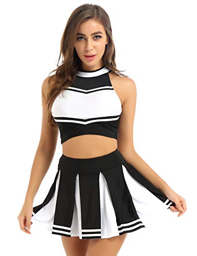 Hedmy Damen Cheerleading Cosplay Uniform Ärmellos Bauchfrei Oberteil mit Mini Faltenrock Halloween Fasching Karneval Verkleidung Schwarz XXL von Hedmy