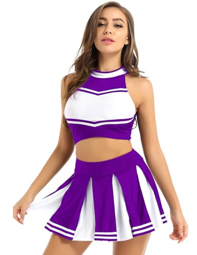 Hedmy Damen Cheerleading Cosplay Uniform Ärmellos Bauchfrei Oberteil mit Mini Faltenrock Halloween Fasching Karneval Verkleidung Violett XXL von Hedmy