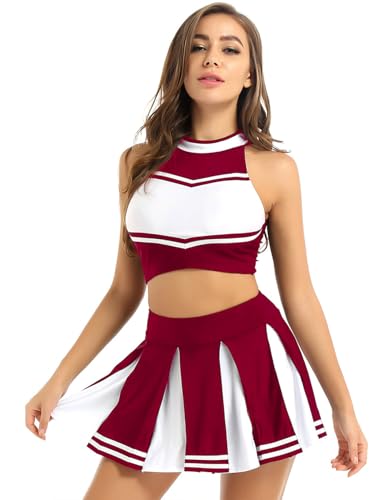 Hedmy Damen Cheerleading Cosplay Uniform Ärmellos Bauchfrei Oberteil mit Mini Faltenrock Halloween Fasching Karneval Verkleidung Weinrot S von Hedmy