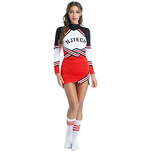 Hedmy Damen Cheerleading Kostüm Uniform Minirock mit 2 Socken Tanzkleid Karneval Fasching Party Halloween Kostüm Rot&Weiß XL von Hedmy