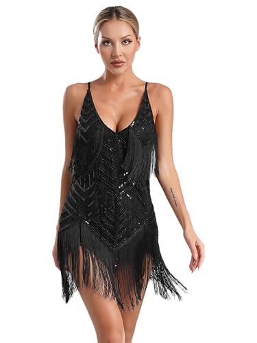 Hedmy Damen Tanzkleid Äremllos Ballettkleid Gymnastikanzug mit Fransen Glitzer Leotard Quaste Cha Cha Tango Samba Tanzkleidung Schwarz S von Hedmy