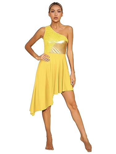 Hedmy Damen Tanzkleid Lyrisch Ballettkleid Ärmellos Spitze Asymmetrisch Kleid Latein Aufführung Party Wettbewerb Ballettkleidung Gelb L von Hedmy