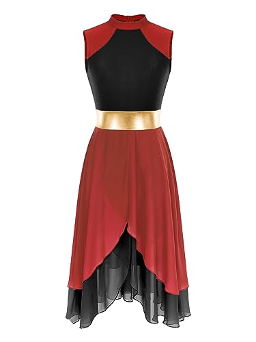 Hedmy Damen Tanzkleider Metallic Ballettkleid Lyrisches Swing Rock Maxikleid Ärmellose Tanztrikot Asymmetrischer Saum Tanzkleidung Rot schwarz S von Hedmy