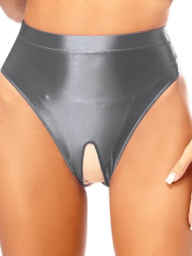 Hedmy Damen Unterhosen Glänzende Slips Hoher Taille Frauen Ouvert-Slip Unterwäsche Erotik Hipster Panty Grau XL von Hedmy