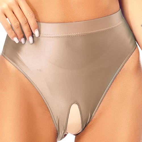 Hedmy Damen Unterhosen Glänzende Slips Hoher Taille Frauen Ouvert-Slip Unterwäsche Erotik Hipster Panty Kaffee XXL von Hedmy