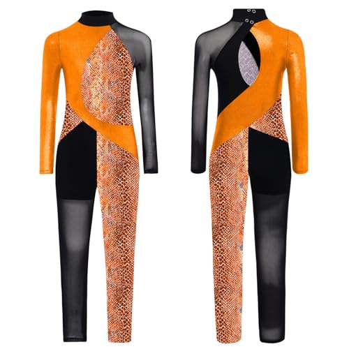 Hedmy Mädchen Gymnastikanzug Langarm Ganzkörper Tanzbody Leotard Ballett Unitard Eiskunstlauf Bodysuit Orange 146-152 von Hedmy