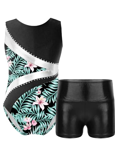 Hedmy Gymnastikanzug Kinder Mädchen Ärmellos Turnanzug mit Strass Gymnastikbody Shorts Set Wettkampf Tanzkostüm Schwarz 170 von Hedmy