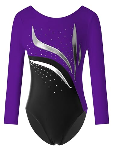 Hedmy Gymnastikanzug Kinder Mädchen Trikot Langarm Glänzende Turnanzug Trikotanzug Gymnastik Training Dancewear Violett 158-164 von Hedmy