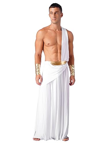 Hedmy Herren Altgriechisch Cosplay Römische Toga EIN Schulterriemen Langer Rock mit Armbändern Patchwork Griechischer Krieger Kostüme Weiß S von Hedmy