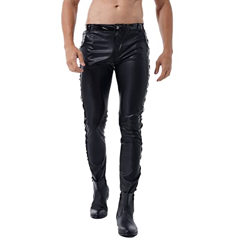 Hedmy Herren Lederjeans Wetlook Hose Lange PU Lederhose Pants Leggings Slim Fit Disco Kostüm Männer Glanz Clubwear Schwarz Schwarz L von Hedmy