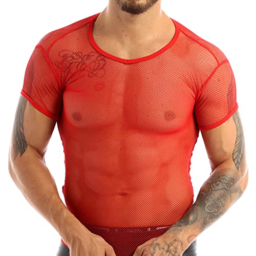 Hedmy Herren Muskel Transparent Shirts Ärmellos Netz Unterhemd Tanktop Netzhemd Stretch Oberteil Dessous Unterwäsche Clubwear Rot L von Hedmy